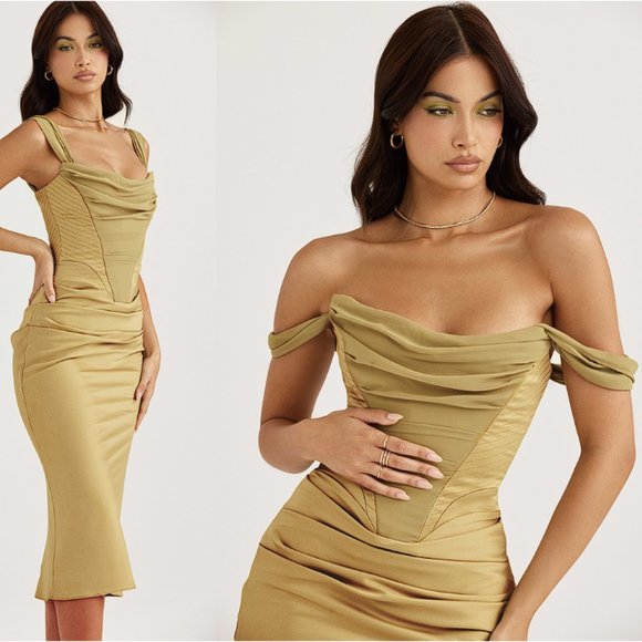 House of CB 'Natalya' Olive Satin Corset Midi Dress NWOT - Picture 4 of 12
